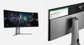 Écran PC incurvé ultrawide 49 pouces QD-OLED avec dalle noire, design moderne gris métal et support ergonomique.
