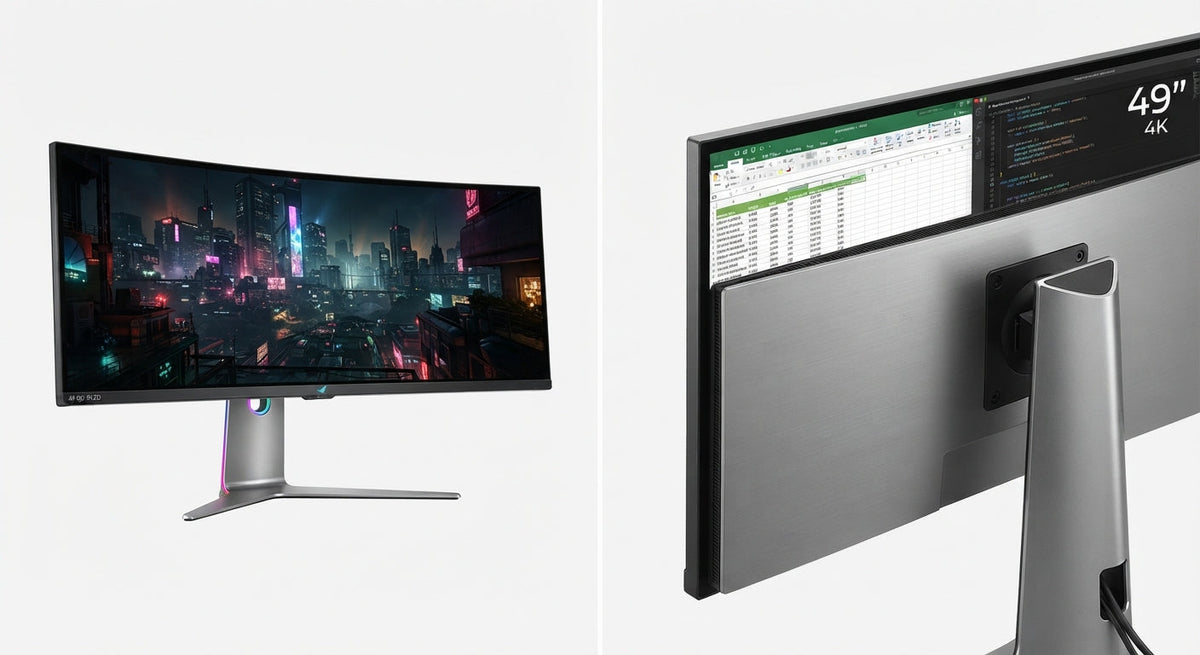 Écran PC incurvé ultrawide 49 pouces QD-OLED avec dalle noire, design moderne gris métal et support ergonomique.