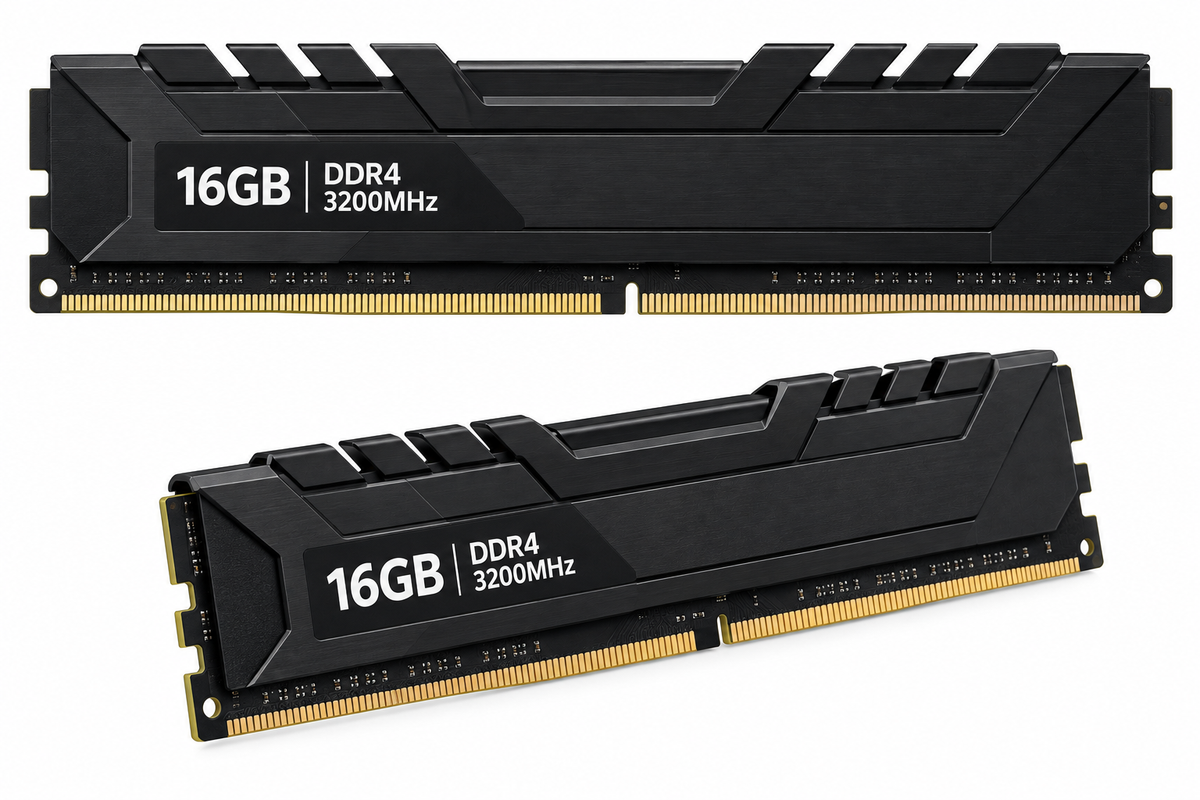 Barrette de mémoire noire DDR4 16 Go 3200 MHz avec dissipateur thermique métallique et design moderne angulaire.