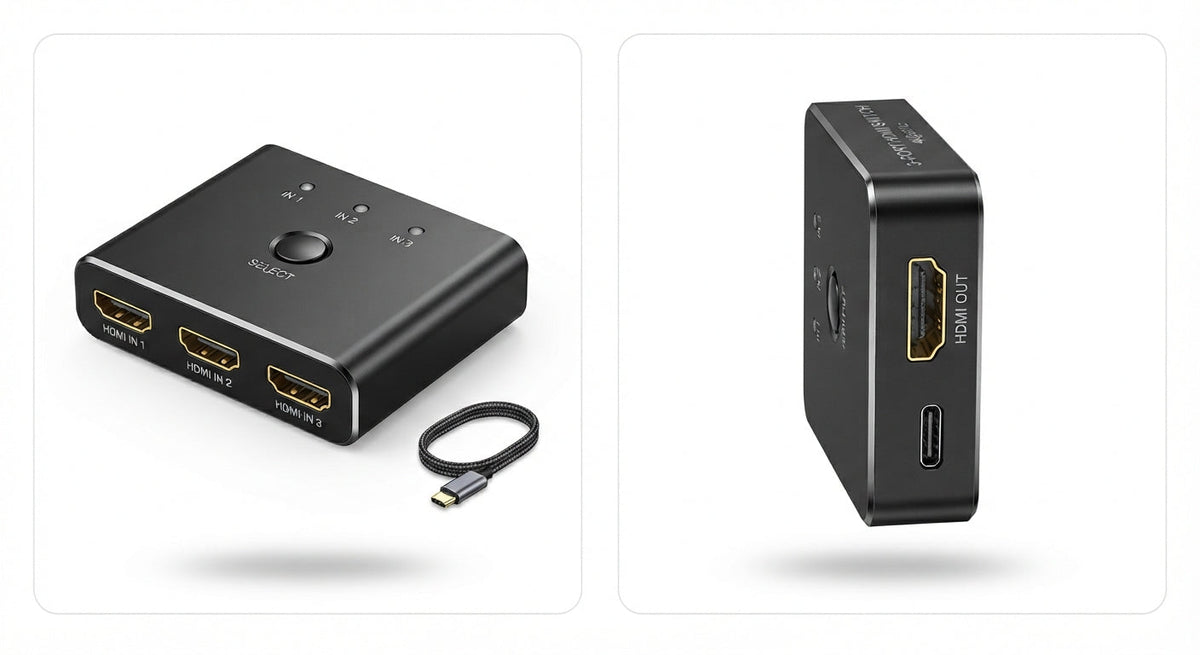 Hub multiprise HDMI noir en métal avec 3 ports HDMI d'entrée, 1 port de sortie, bouton de sélection manuel compact et design épuré.