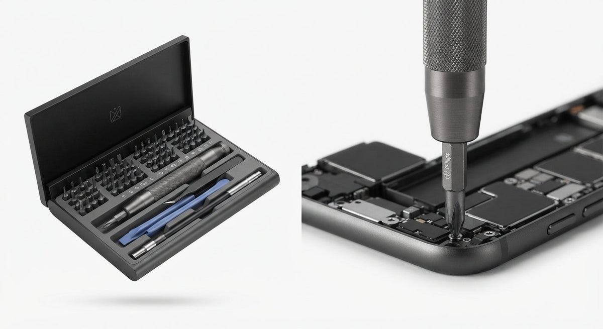 kit d'outils de précision comprenant un coffret noir avec embouts magnétiques en acier, tournevis gris métallique et outils d'ouverture bleus pour démontage de smartphones.