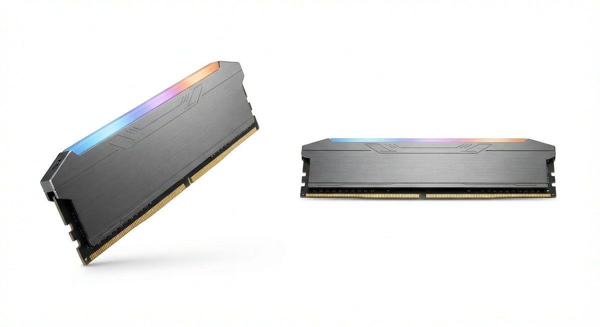 mémoire vive RAM DDR5 noire avec dissipateur thermique en aluminium brossé et éclairage RGB multicolore intégré