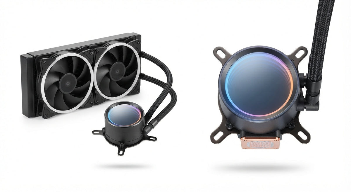kit de watercooling AIO processeur noir avec radiateur ventilé double, tubes tressés et pompe circulaire à éclairage LED circulaire multicolore