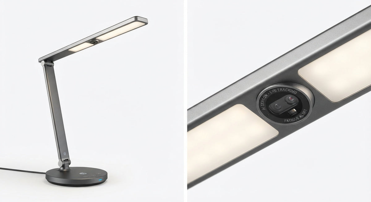 Lampe de bureau connectée en métal gris mat avec bras articulé et capteur optique intégré pour fatigue oculaire.