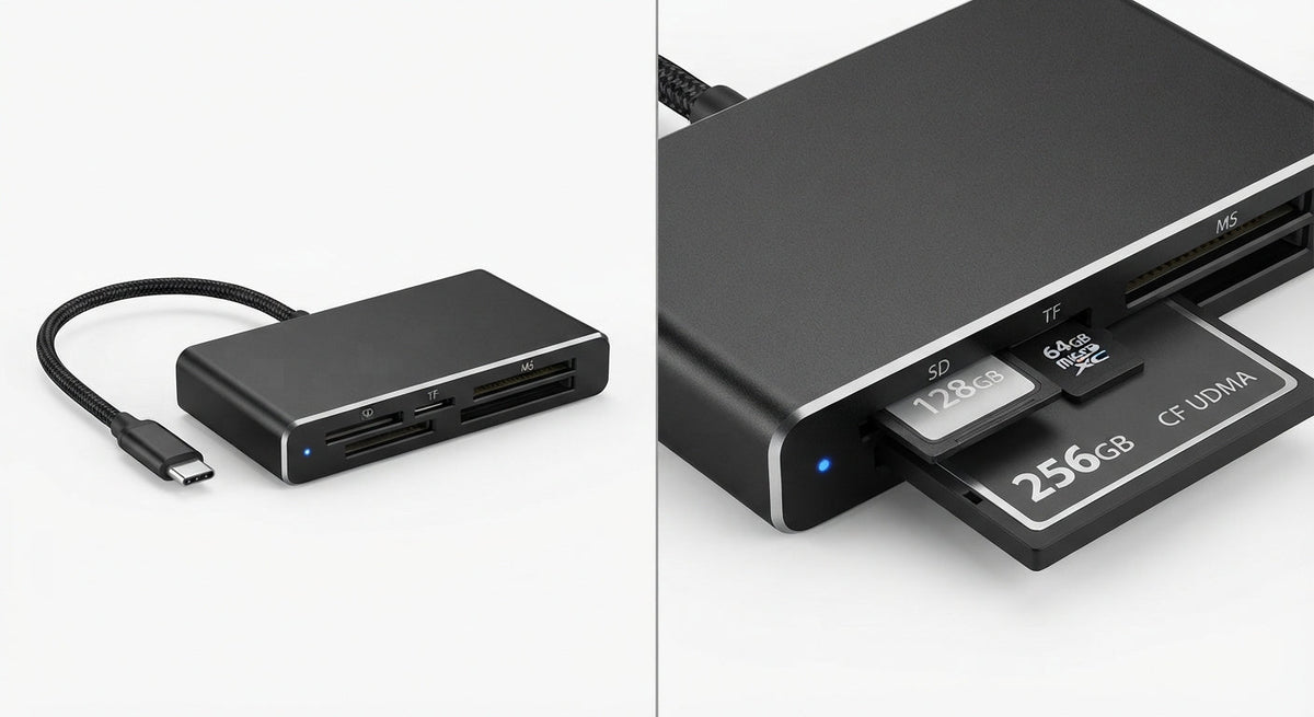 Hub USB 3.0 multiport noir en aluminium avec différents ports pour cartes mémoire SD, TF, MS, et câble USB-C tressé intégré.