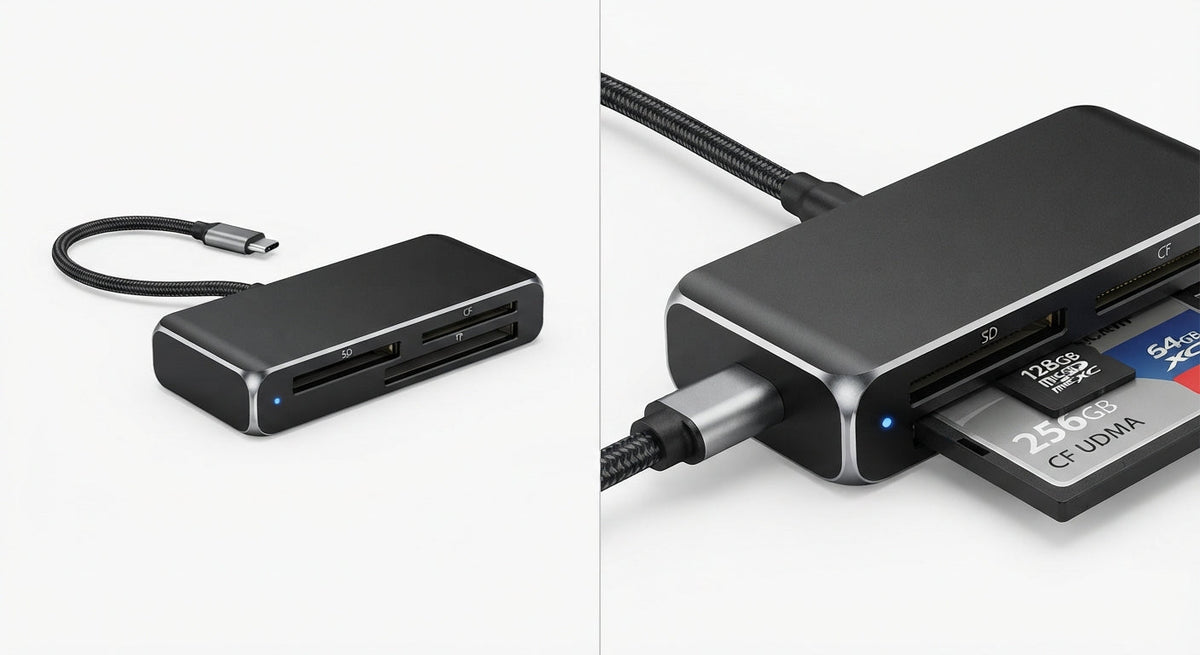 Lecteur de Cartes Mémoire externe USB en aluminium gris foncé avec câble USB-C tressé intégré pour transfert rapide.