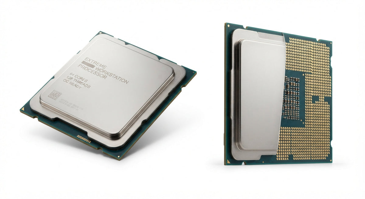 processeur de bureau gris métal avec broches dorées, format carré avec marquage "Extreme Workstation Processor" sur le dessus métallique lisse.