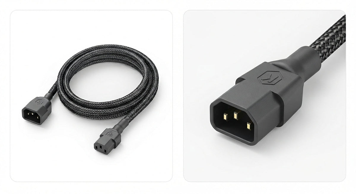 Rallonge de câble d'alimentation noire avec gaine tressée résistante et connecteurs IEC C13 femelle et C14 mâle robustes.