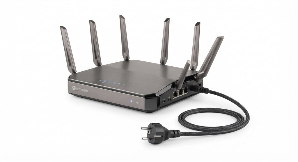 Routeur Wi-Fi intelligent noir en métal brossé avec six antennes externes pivotantes et câble d’alimentation européen.