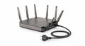 Routeur Wi-Fi intelligent noir en métal brossé avec six antennes externes pivotantes et câble d’alimentation européen.