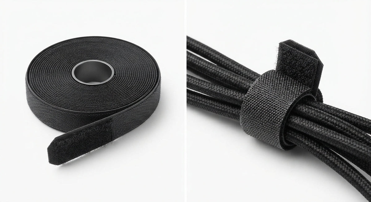 Serre-câbles auto-agrippants en velcro noir textile réutilisable, rouleau de 5 m et fixation de câbles regroupés.