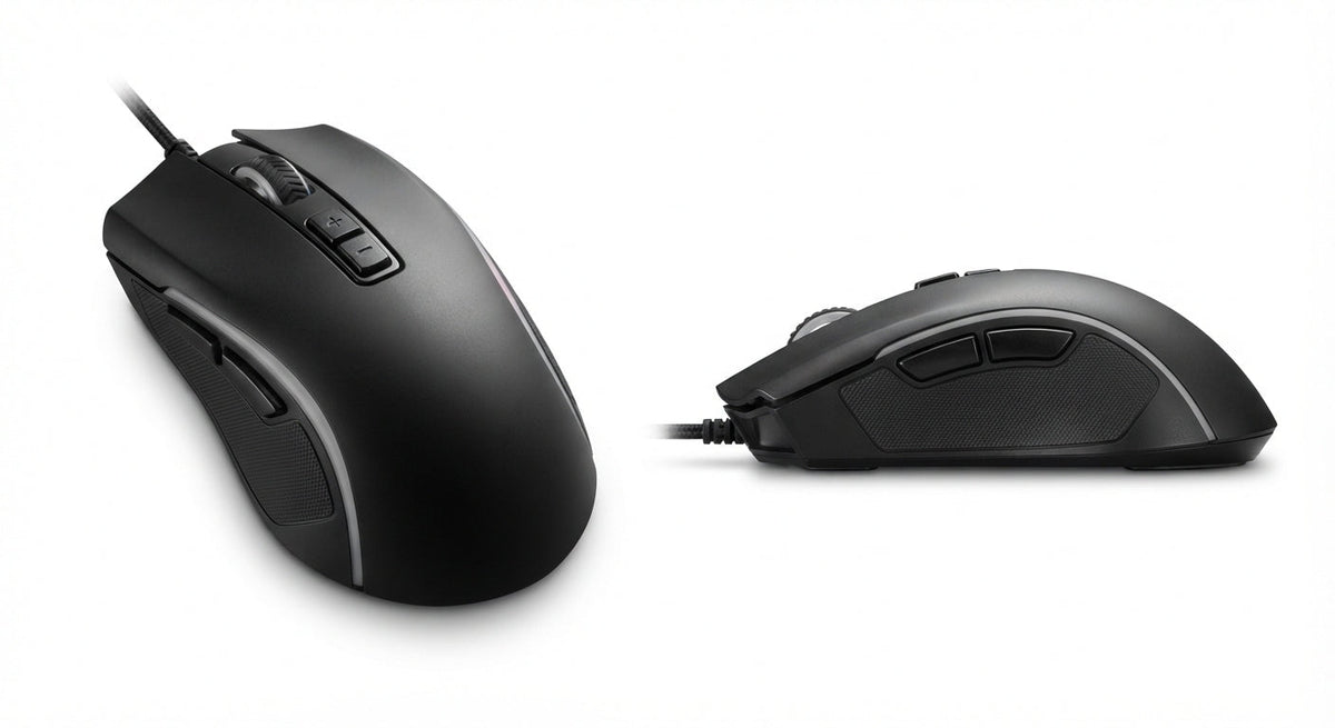Souris de jeu haute précision noire filaire en plastique avec texture grip latérale et boutons DPI réglables sur le dessus.