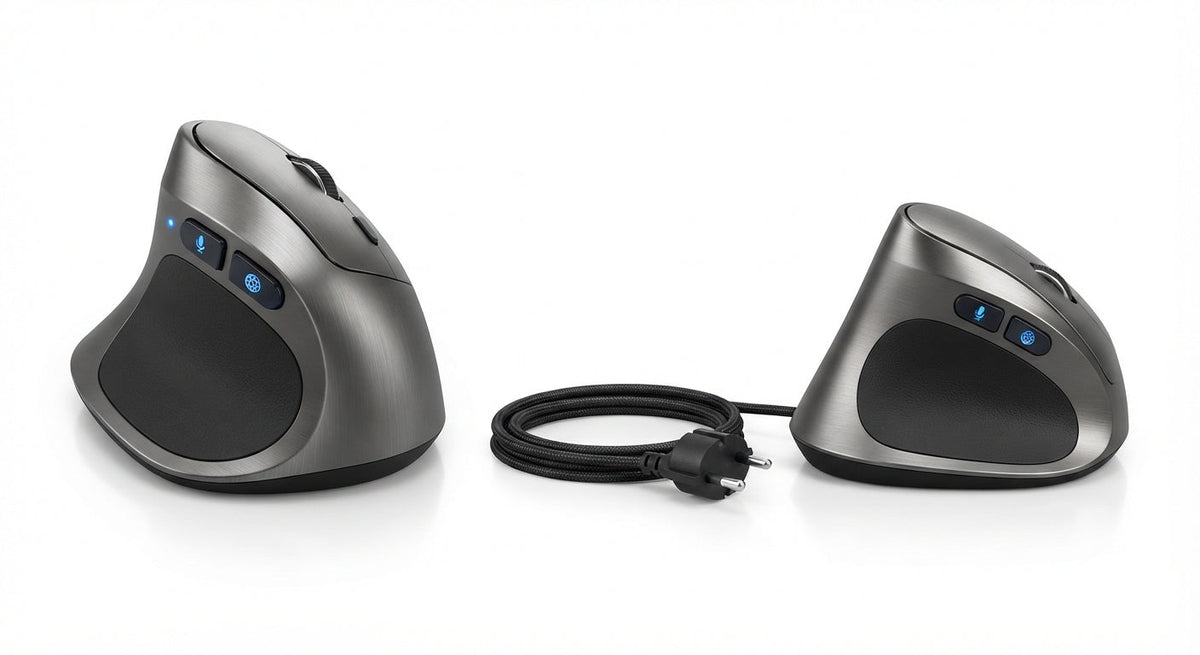 Souris ergonomique verticale gris métal avec surface noire et boutons bleus, câble tressé avec fiche secteur européenne.