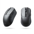Souris ergonomique sans fil noire en plastique mat avec boutons latéraux, molette crantée et design ambidextre moderne.