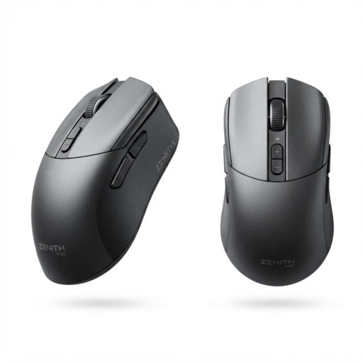 Souris ergonomique sans fil noire en plastique mat avec boutons latéraux, molette crantée et design ambidextre moderne.