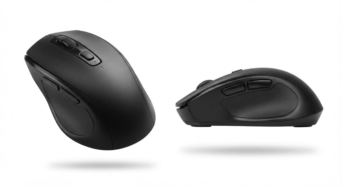 Souris optique sans fil noire ergonomique pour droitier, finition mate avec boutons latéraux et molette de défilement.
