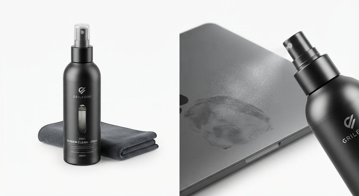 Spray nettoyant pour écrans noir mat en plastique avec pulvérisateur, accompagné d’un chiffon microfibre gris foncé plié.