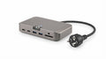 Station d'accueil Thunderbolt en alliage métallique gris avec multiples ports USB, lecteur de carte et câble d'alimentation secteur européen.