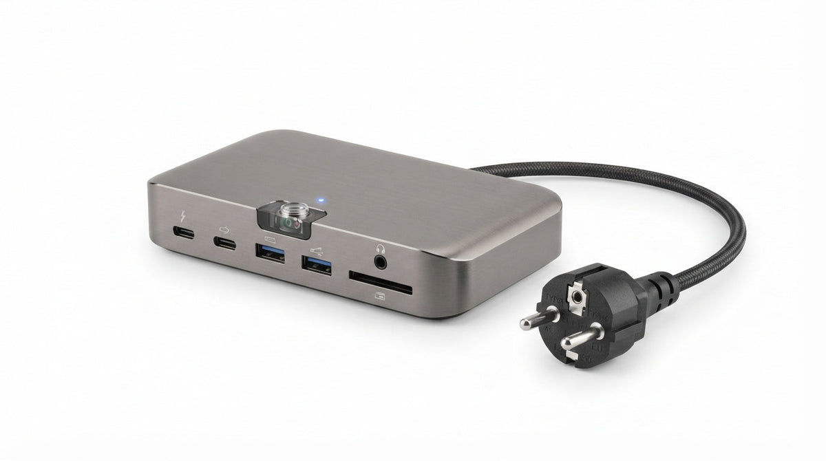 Station d'accueil Thunderbolt en alliage métallique gris avec multiples ports USB, lecteur de carte et câble d'alimentation secteur européen.