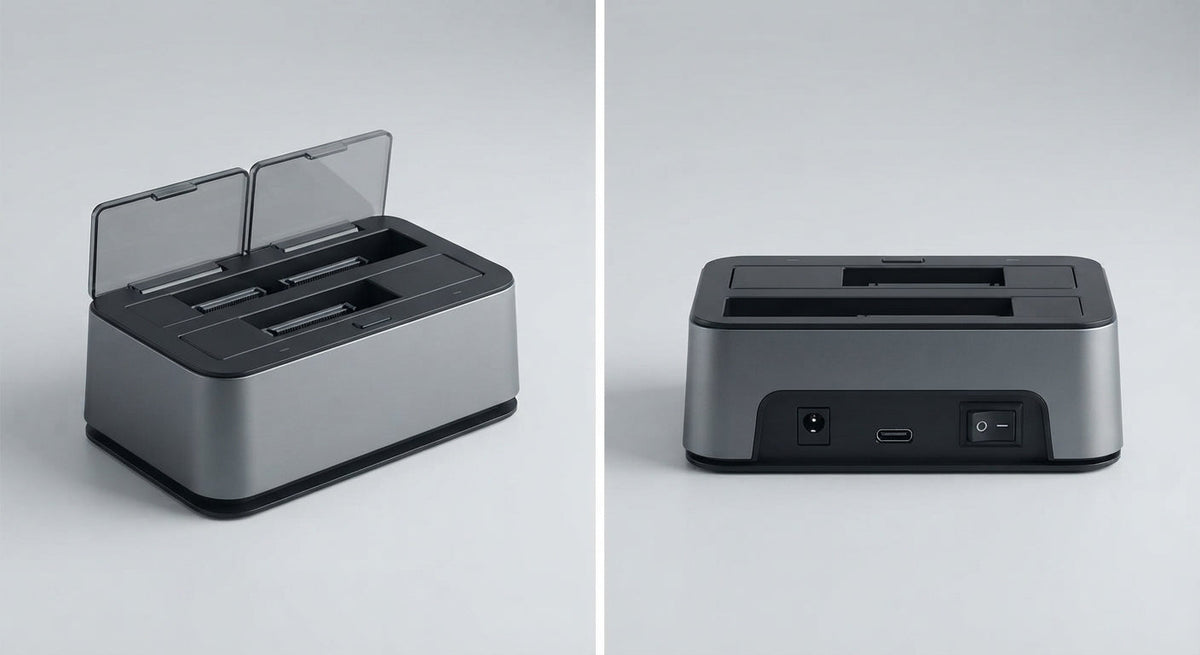 station d'accueil disque dur double baie en aluminium gris avec couvercles transparents et connectique arrière USB-C et alimentation électrique