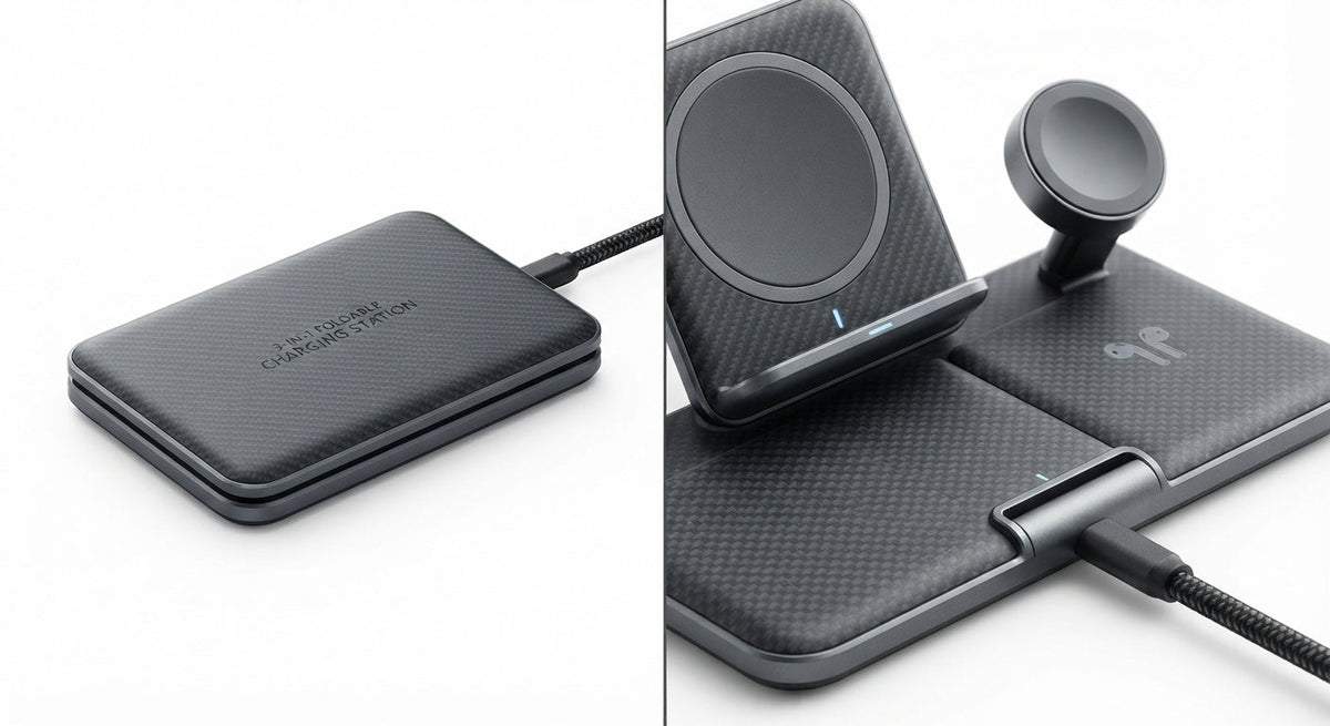 Station de charge 3-en-1 pliable noire avec finition en fibre de Kevlar tressée, pour iPhone, AirPods et Apple Watch.
