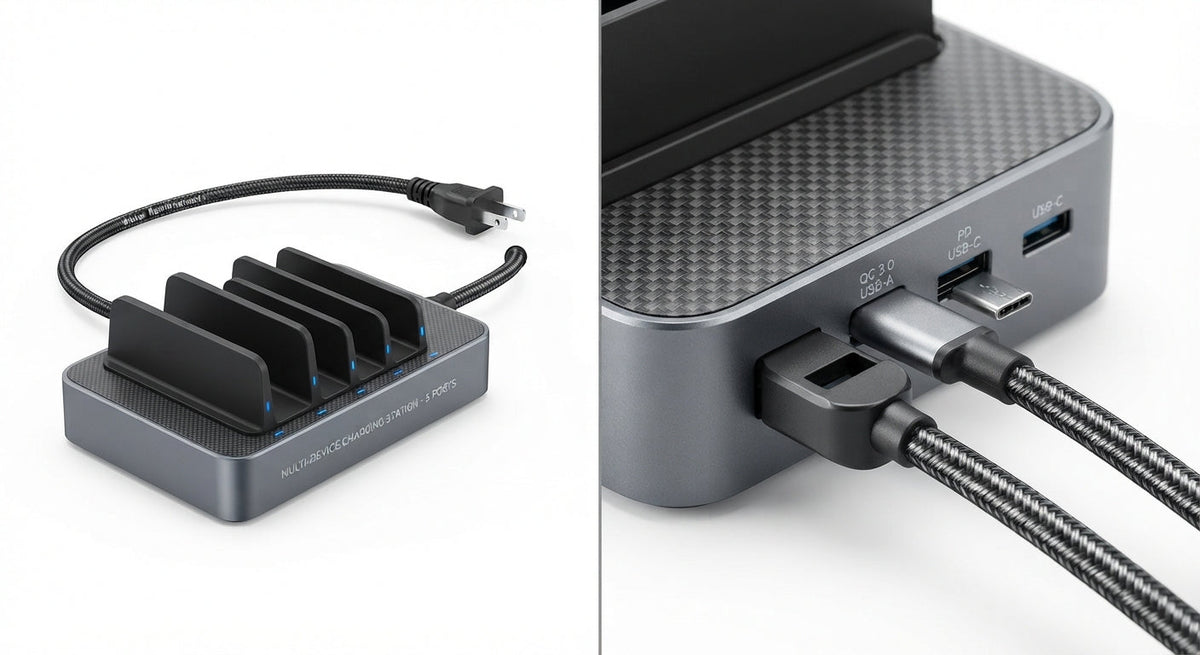 Station de charge multi-ports compacte gris anthracite en aluminium avec finition tressée Kevlar et câbles noirs robustes.