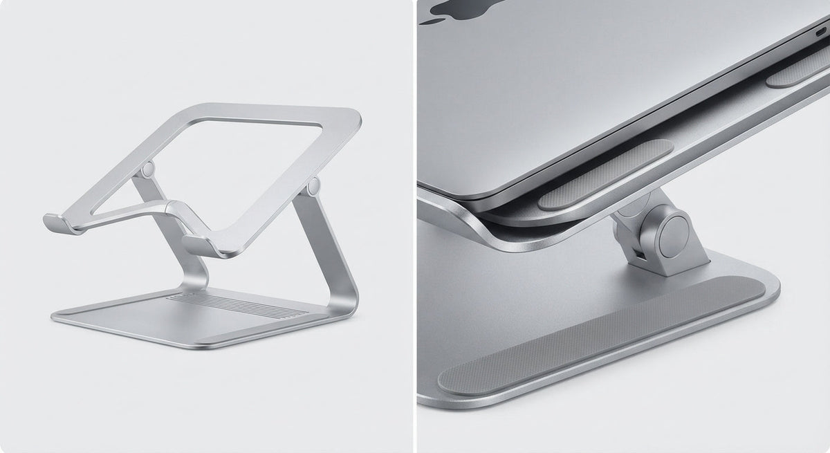 Support ergonomique pour ordinateur portable en aluminium argenté avec patins antidérapants et design ajustable pour confort et stabilité.