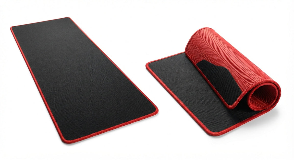 Tapis de souris XXL noir avec bordure rouge en tissu haute performance, base caoutchouc antidérapante et bords surpiqués.