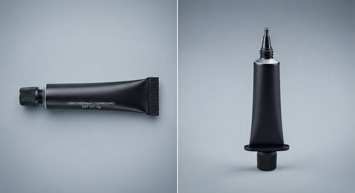 Tube de pâte thermique en tube noir mat avec embout fin en plastique, format compact 4 g pour applications précises.