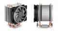 Ventirad pour processeur avec ailettes en aluminium, caloducs en cuivre et ventilateur noir translucide haute performance.