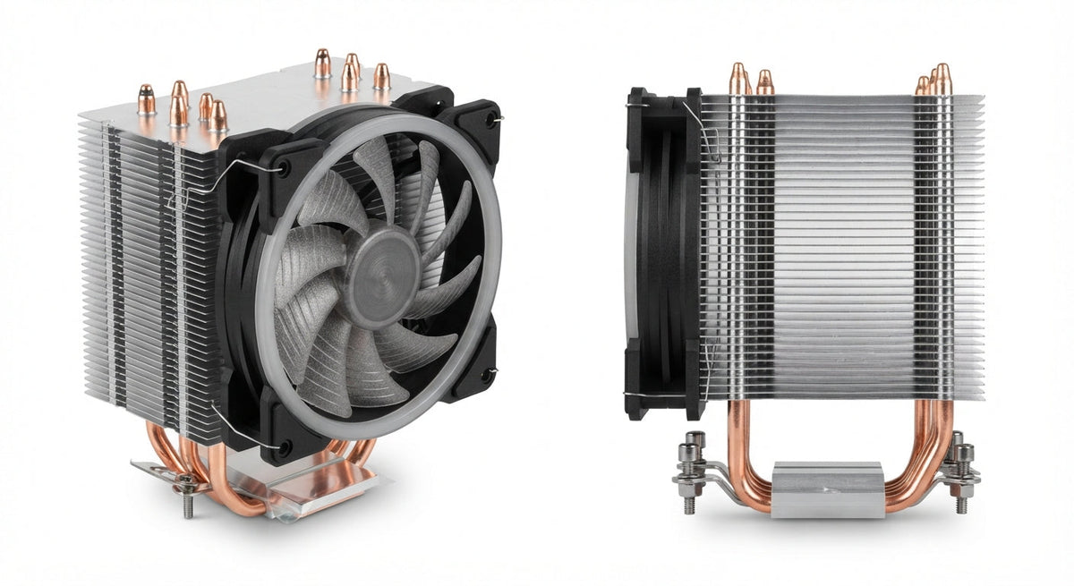 Ventirad pour processeur avec ailettes en aluminium, caloducs en cuivre et ventilateur noir translucide haute performance.