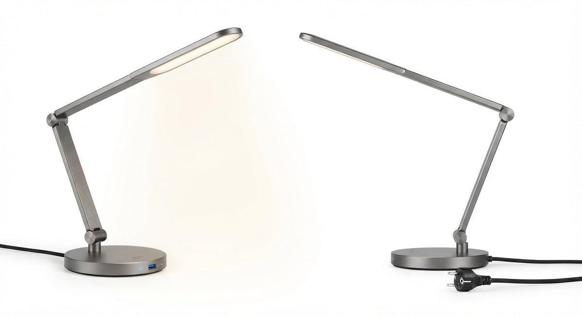 Lampe de bureau LED orientable en alliage métallique brossé avec éclairage diffus et port de charge USB intégré sur la base.
