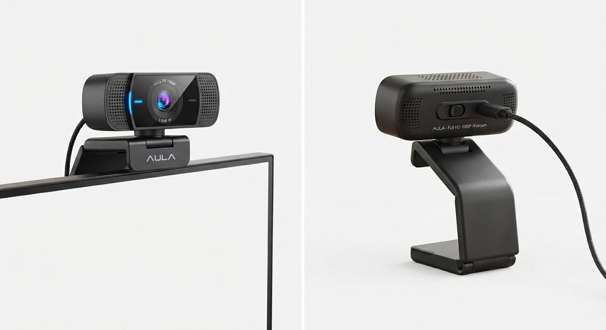 Webcam Full HD 1080p noire en plastique avec microphone intégré, support ajustable fixé sur écran d’ordinateur.