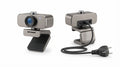 Webcam intelligente en alliage métallique gris avec fixation noire, câble d'alimentation tressé et design moderne compact.