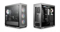 Boîtier PC Grand format en aluminium brossé avec panneau latéral en verre trempé et ventilation RGB visible à l’avant et arrière.