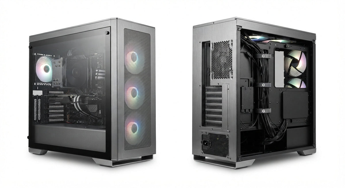 Boîtier PC Grand format en aluminium brossé avec panneau latéral en verre trempé et ventilation RGB visible à l’avant et arrière.