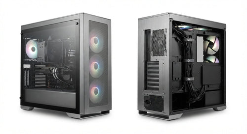 Boîtier PC Grand format en aluminium brossé avec panneau latéral en verre trempé et ventilation RGB visible à l’avant et arrière.