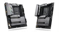 Carte mère pour processeur Intel noire avec dissipateurs thermiques gris métallisés, slots PCIe et connecteurs multiples intégrés.