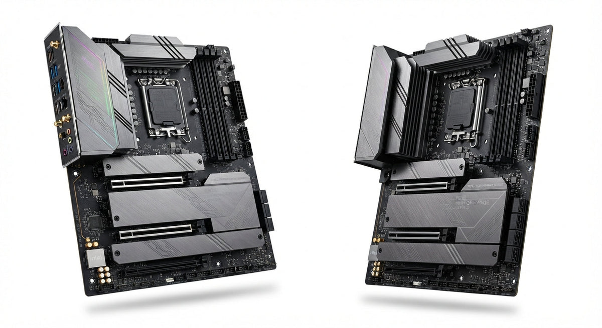 Carte mère pour processeur Intel noire avec dissipateurs thermiques gris métallisés, slots PCIe et connecteurs multiples intégrés.