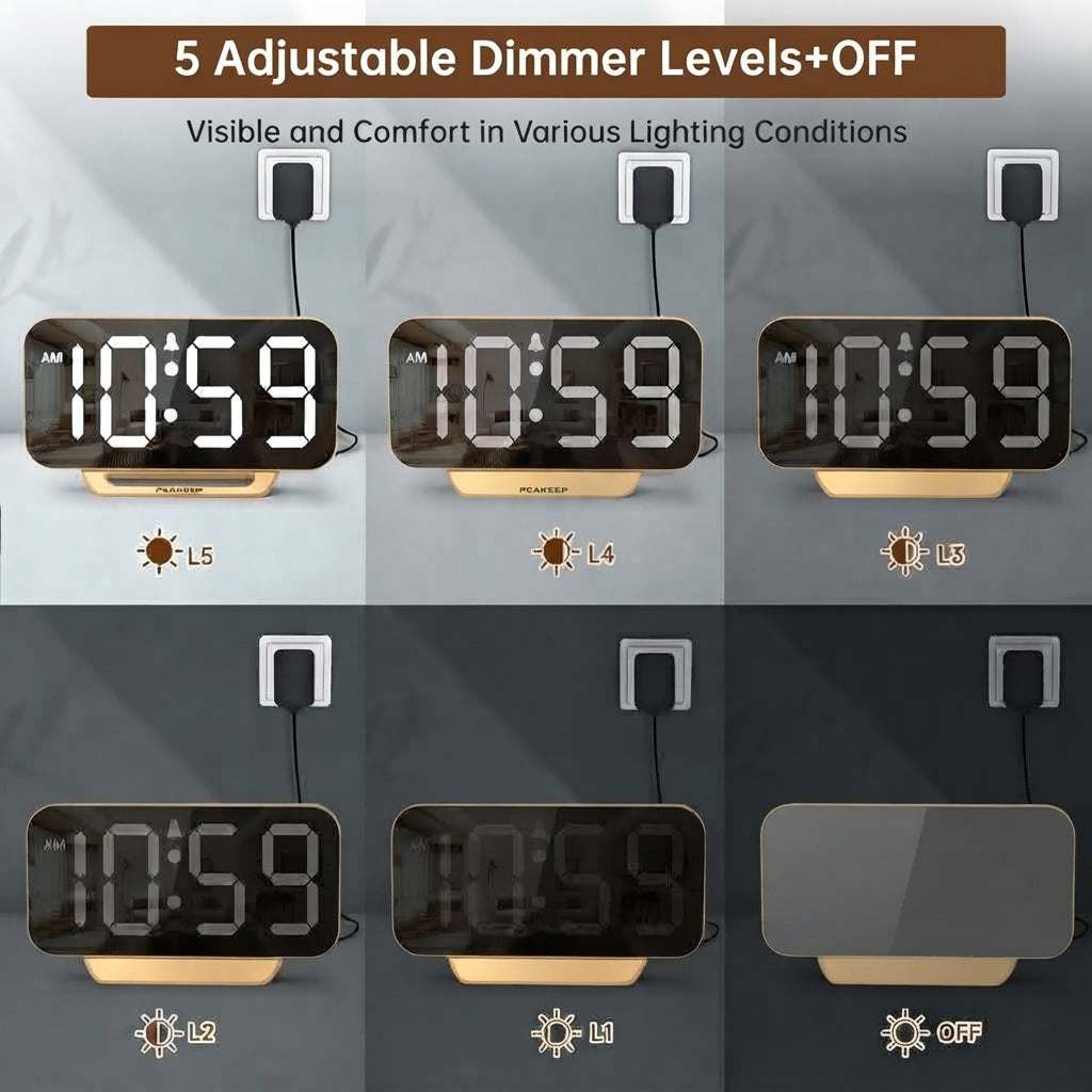 Slim Digital Mirror Alarm Clock, Large Display with 6-Level Dimmer
