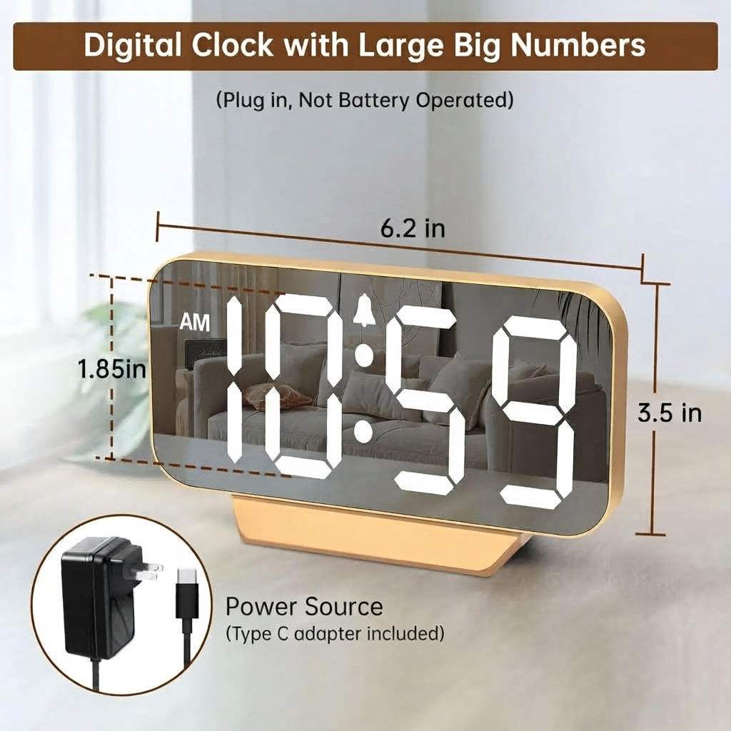 Slim Digital Mirror Alarm Clock, Large Display with 6-Level Dimmer