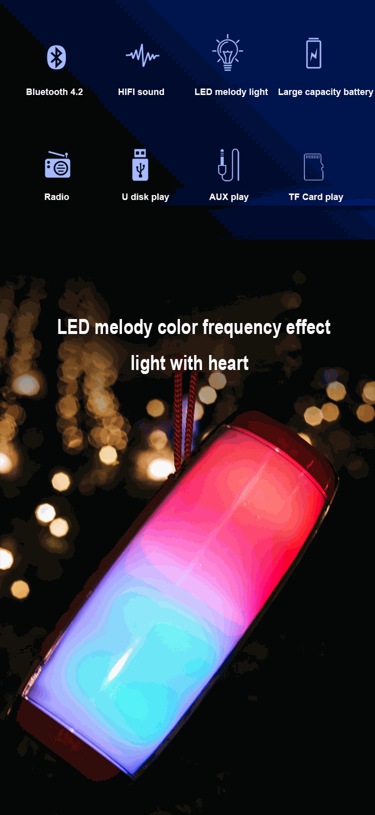 Wireless Portable Bluetooth Stereo Speaker with LED Light