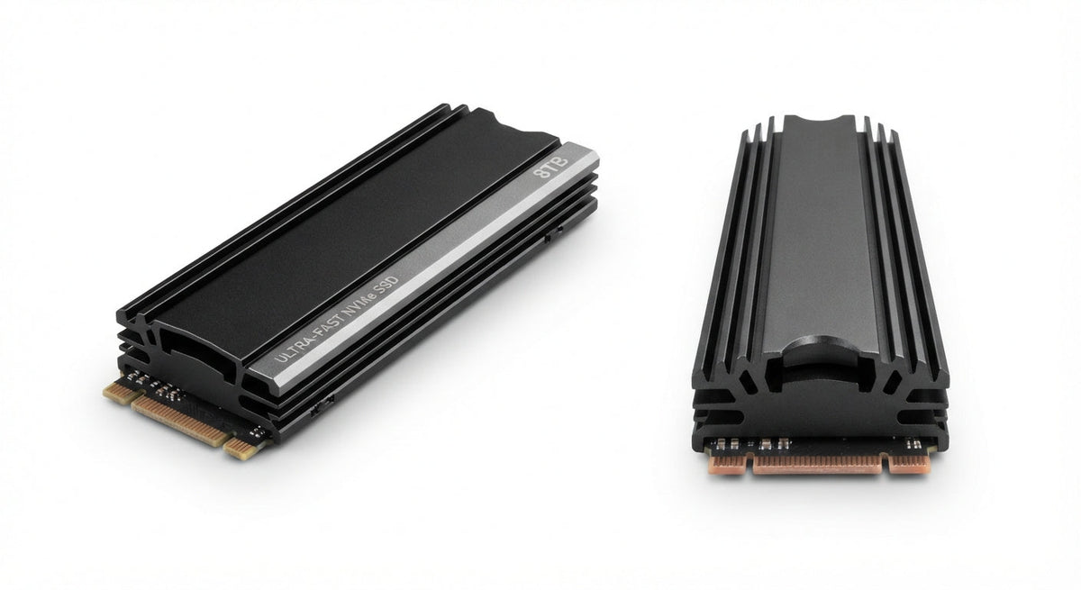 Disque SSD NVMe M.2 noir avec dissipateur thermique intégré en aluminium, capacité 8 To, design compact et moderne.