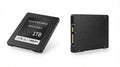 Disque SSD SATA III 2,5 pouces noir en métal brossé avec connecteurs SATA sur un boîtier compact ultra-plat.