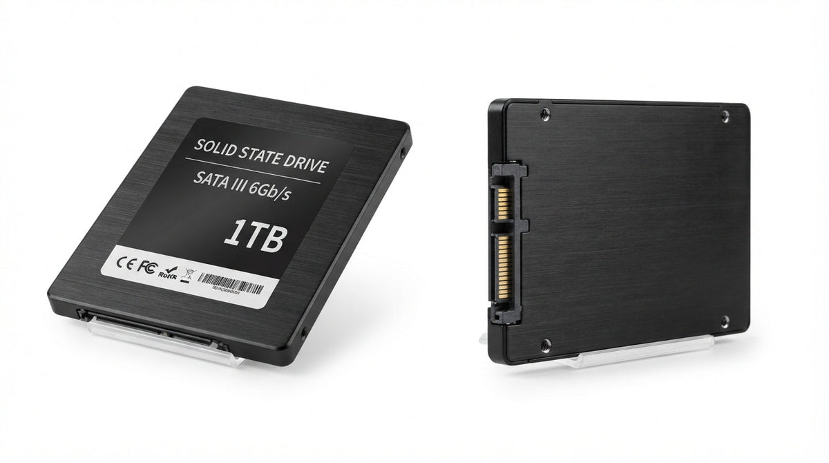 Disque SSD SATA III 2,5 pouces noir en métal brossé avec connecteurs SATA sur un boîtier compact ultra-plat.