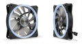 Ventilateur de boîtier PC noir avec pales grises transparentes et éclairage LED bleu circulaire pour refroidissement silencieux.